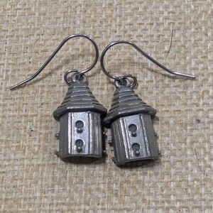 Vintage  pewter birdhouse dangle earrings